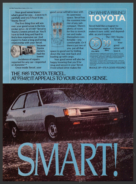 Toyota Tercel 1980s Print Advertisement 1984 "Smart!" Raining Toyota Tercel