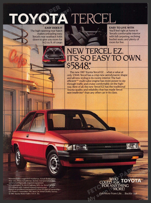 Toyota Tercel 1980s Print Advertisement Ad 1987 "It's so easy to own" Toyota Tercel