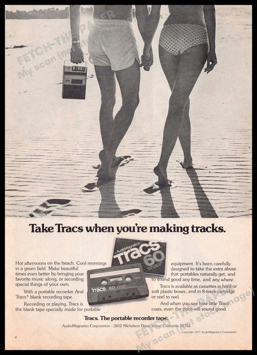 Tracs 1970s Print Advertisement 1977 Cassette Couple Legs Walking Beach Sand Tracs