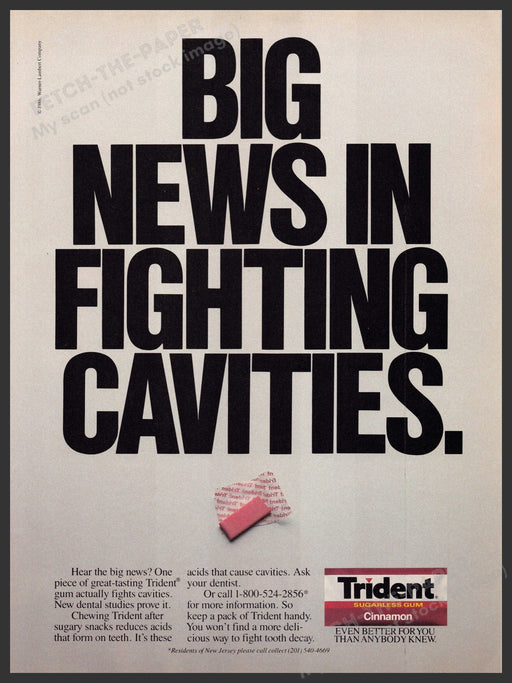 Trident 1980s Print Advertisement Ad 1986 "Big news in fighting cavities" Trident