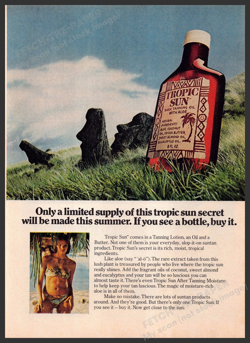 Tropic Sun 1970s Print Advertisement 1977 Tanning Oil Easter Island Fetch-the-Paper