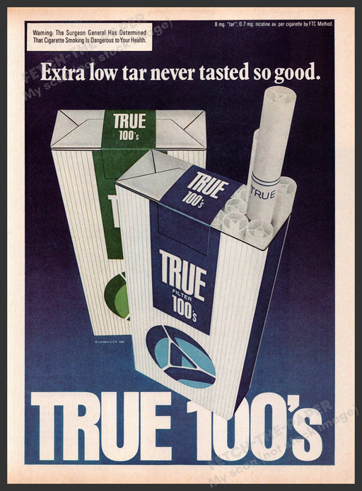 True 100's 1980s Magazine Print Advertisement 1981 "Never tasted so good" Fetch-the-Paper