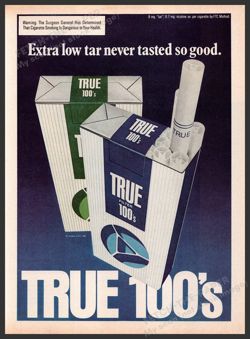 True 100's 1980s Magazine Print Advertisement 1981 "Never tasted so good" Fetch-the-Paper
