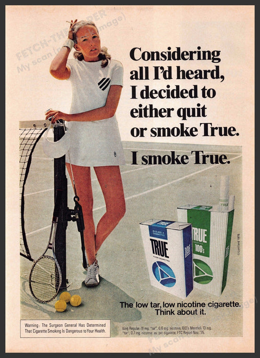 True Cigarettes 1970s Print Advertisement 1976 Legs Woman Tennis Player Fetch-the-Paper