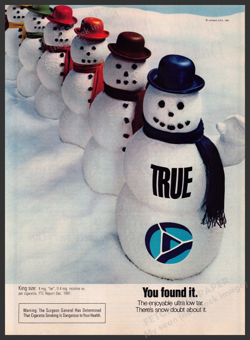 True Cigarettes 1980s Print Advertisement 1983 Row of Snowmen Fetch-the-Paper