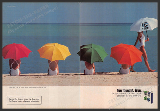 True Cigarettes 1980s Print Advertisement (2 page Centerfold) 1983 Girls Legs Fetch-the-Paper