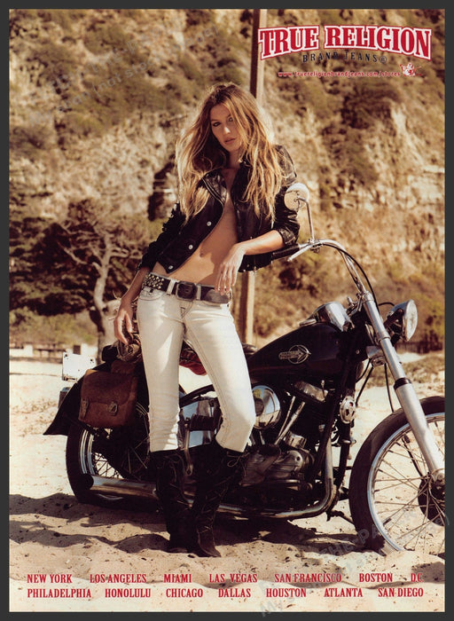 True Religion Gisele Bundchen 2000s Print Advertisement 2009 Harley Davidson Fetch-the-Paper