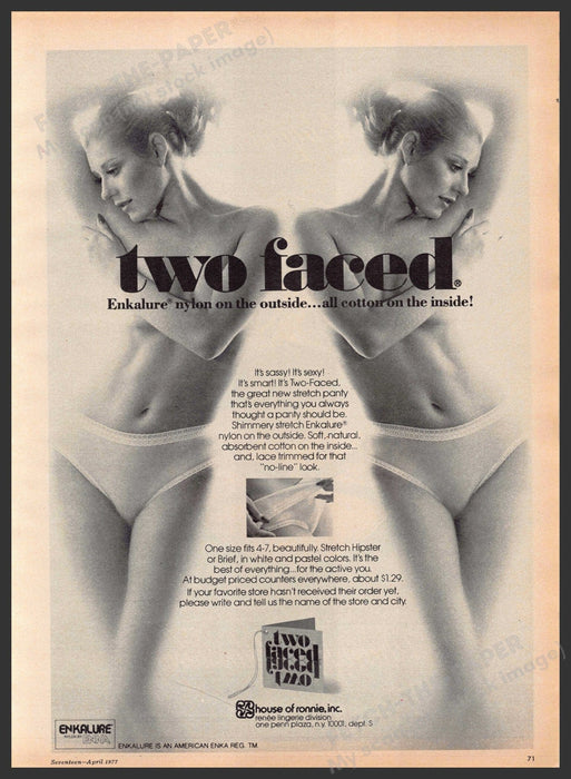 Two Faced 1970s Print Advertisement 1977 Legs Lingerie Mirror Image Two Faced