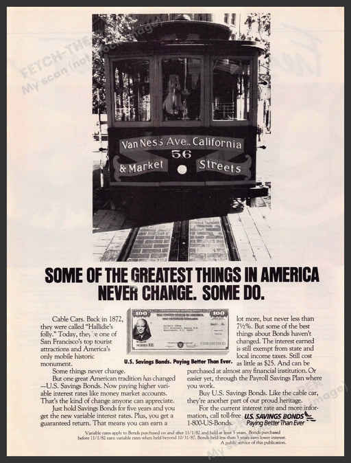 U.S. Savings Bonds 1980s Magazine Print Advertisement 1985 Cable Cars U.S. Savings Bonds