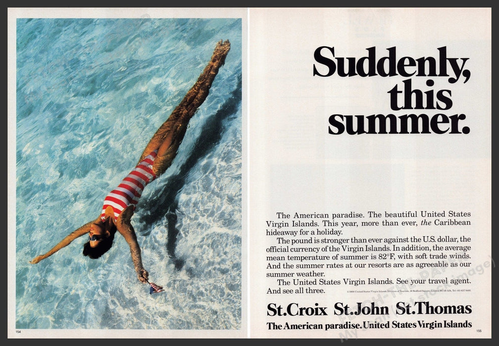 U.S. Virgin Islands Travel Promo 1980s Print Advertisement (2 pages) 1988 Swim Fetch-the-Paper