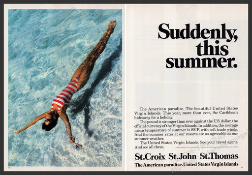U.S. Virgin Islands Travel Promo 1980s Print Advertisement (2 pages) 1988 Swim Fetch-the-Paper