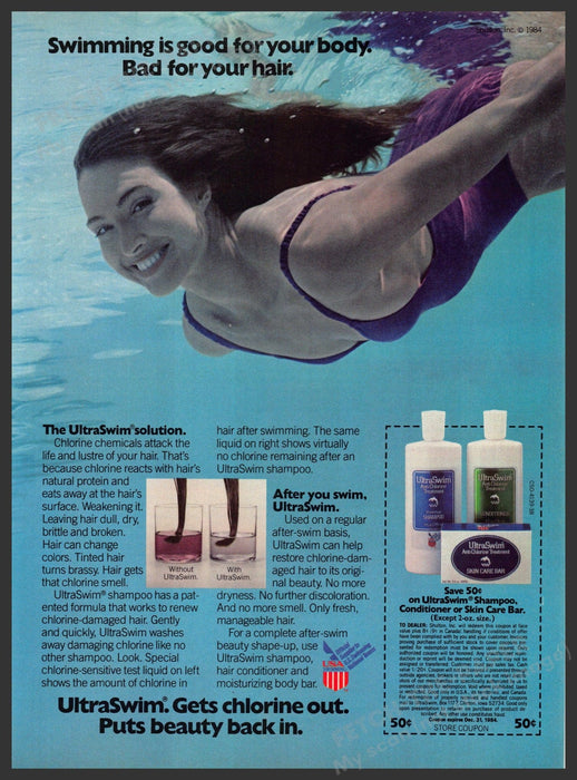 Ultraswim 1980s Magazine Print Advertisement 1984 Chlorine Hair Girl Pool Ultraswim