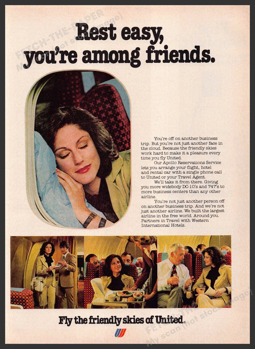 United Airlines 1970s Print Advertisement 1979 Interior Rest Easy Fetch-the-Paper