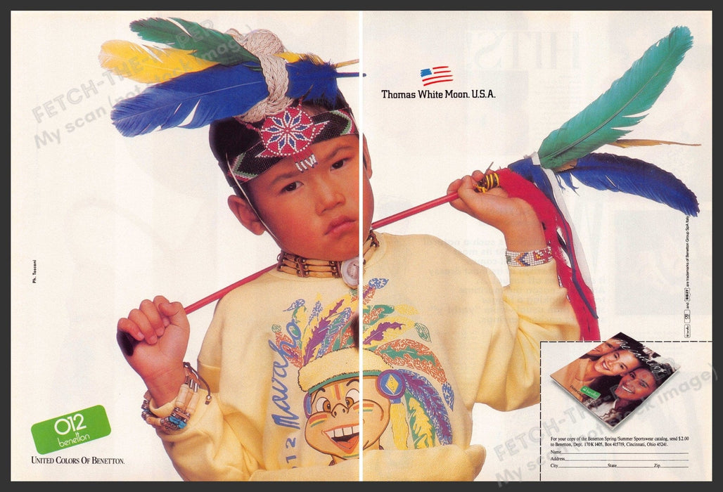 United Colors of Benetton 1980s Magazine Print Ad (2 pages) 1987 Native American United Colors of Benetton