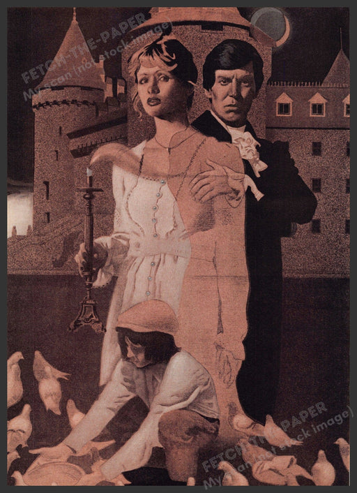 Unknown Artist 1970s Magazine Illustration 1976 Castle Couple Boy Pigeons Fetch-the-Paper