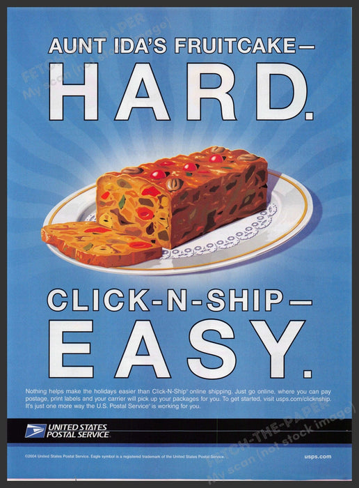 USPS Click-n-ship Promo 2000s Print Advertisement 2004 Aunt Ida's Fruitcake Fetch-the-Paper