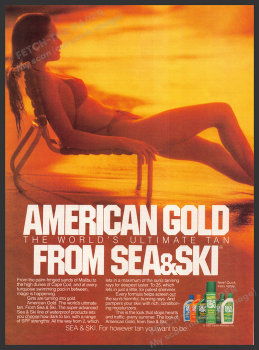 Sea & Ski 1980s Print Advertisement 1987 Sun Tan "American Gold" Legs Beach