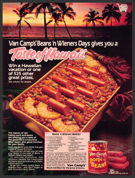Van Camp's 1980s Magazine Print Advertisement 1983 "Beans 'n Wieners Walkiki" Van Camp's