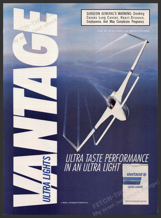 Vantage Ultra Lights 1980s Print Advertisement 1989 Cigarettes Plane Glider Vantage Ultra Lights