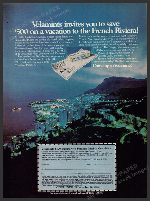 Velamints 1980s Print Advertisement 1981 French Riviera Coastline at Night Fetch-the-Paper