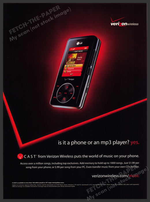 Verizon Wireless 2000s Print Advertisement Ad 2006 "Is it a phone or an MP3?" Fetch-the-Paper