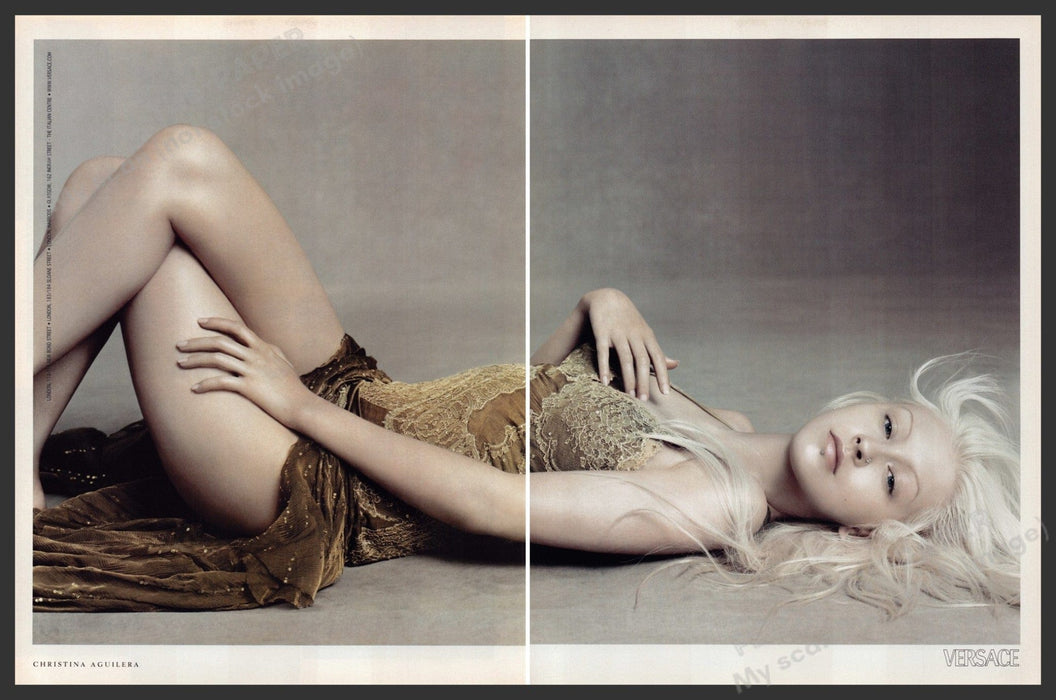 Versace Christina Aguilera 2000s Print Advertisement (2 Page) 2003 Legs Fetch-the-Paper