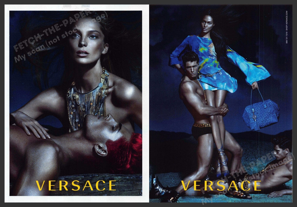 Versace Daria Werbowy & Joan Smalls 2010s Print Ad 2013 (1 Pg Front & Back) Legs Fetch-the-Paper