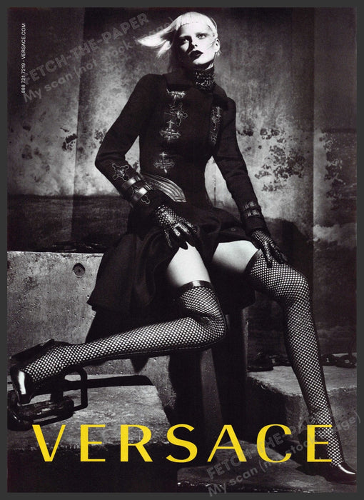 Versace Fashion 2010s Print Advertisement 2012 Waif Model Fishnet Legs Grayscale Fetch-the-Paper
