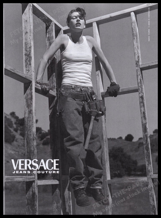 Versace Jeans Couture 1990s Print Advertisement Ad 1998 Carpenter Female Model Fetch the Paper!