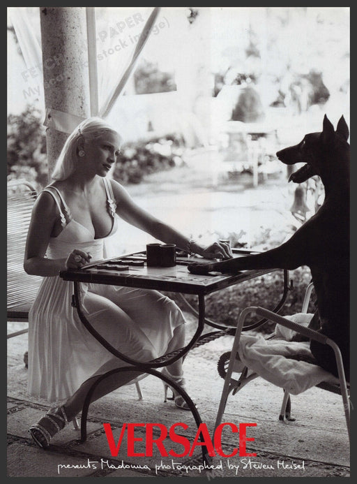 Versace Madonna Dobermann Dog 1990s Print Advertisement Ad 1995 Playing Game Fetch the Paper!