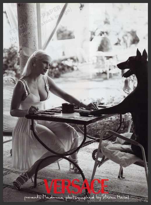 Versace Madonna Dobermann Dog 1990s Print Advertisement Ad 1995 Playing Game Fetch the Paper!