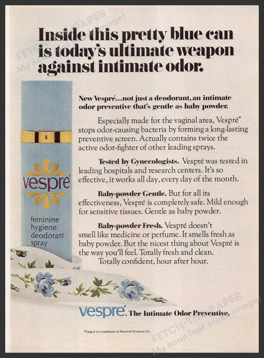 Vespre Feminine Hygiene Deodorant Spray 1960s Print Advertisement Ad 1969 Fetch the Paper!