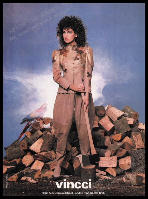 Vincci Clothing 1980s Print Advertisement Ad 1982 Macaw Chopping Wood Unique Ad Fetch the Paper!