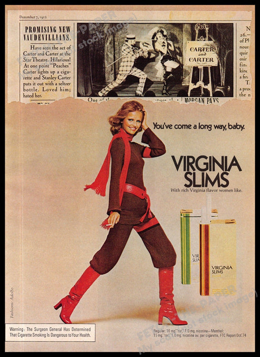 Virginia Slims 1970s Magazine Print Ad 1975 Legs "Promising new vaudevillians" Virginia Slims