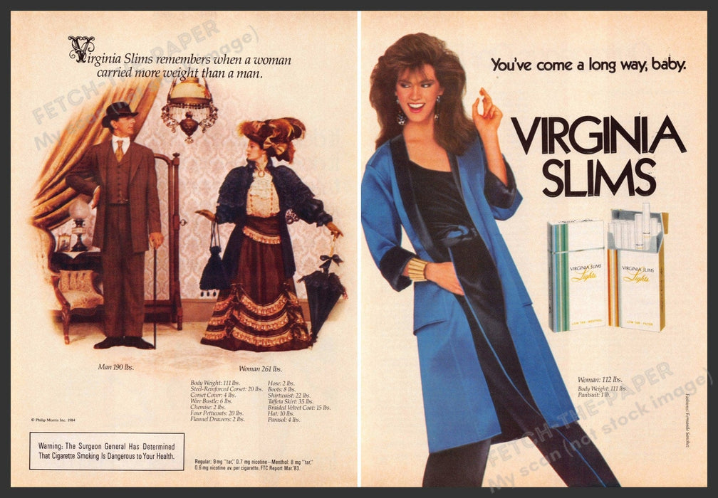 Virginia Slims 1980s Magazine Print Ad (2 pgs) 1984 "Woman Carried More Weight" Fetch-the-Paper