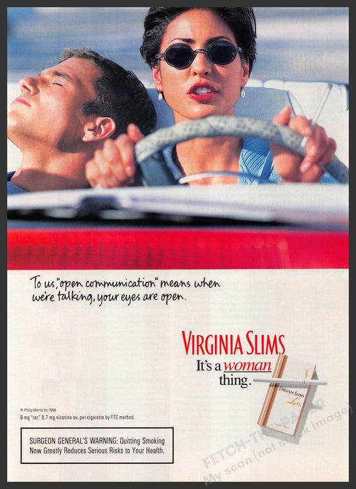 Virginia Slims 1990s Magazine Print Ad 1998 Driving "Open Communication" Virginia Slims