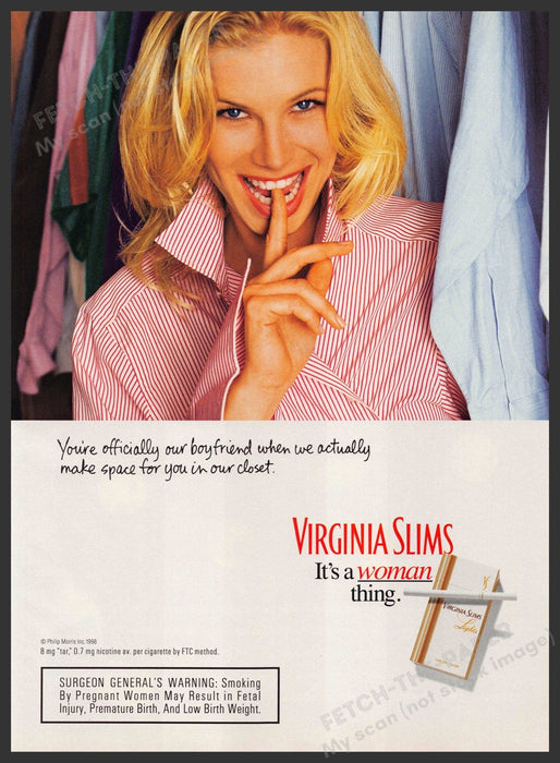Virginia Slims 1990s Magazine Print Advertisement 1998 "Make space in closet" Fetch-the-Paper