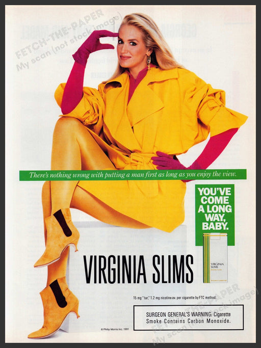 Virginia Slims Cigarettes 1990s Print Advertisement Ad 1991 Legs Yellow Shiny Fetch the Paper!