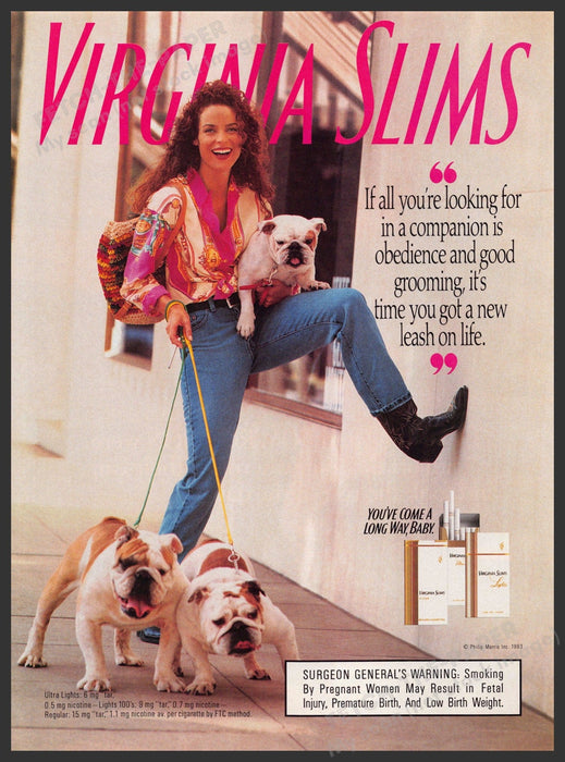 Virginia Slims Cigarettes 1990s Print Advertisement Ad 1993 Bulldog Walker Girl Virginia Slims