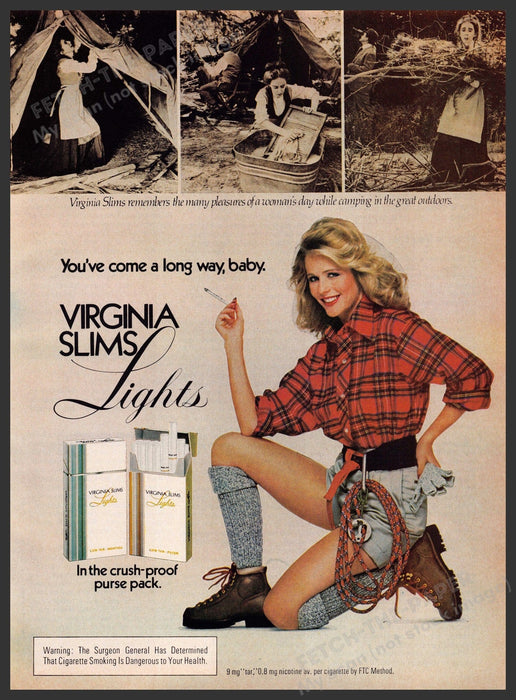 Virginia Slims Lights 1980s Print Advertisement 1981 Legs Lumberjack Girl Fetch-the-Paper