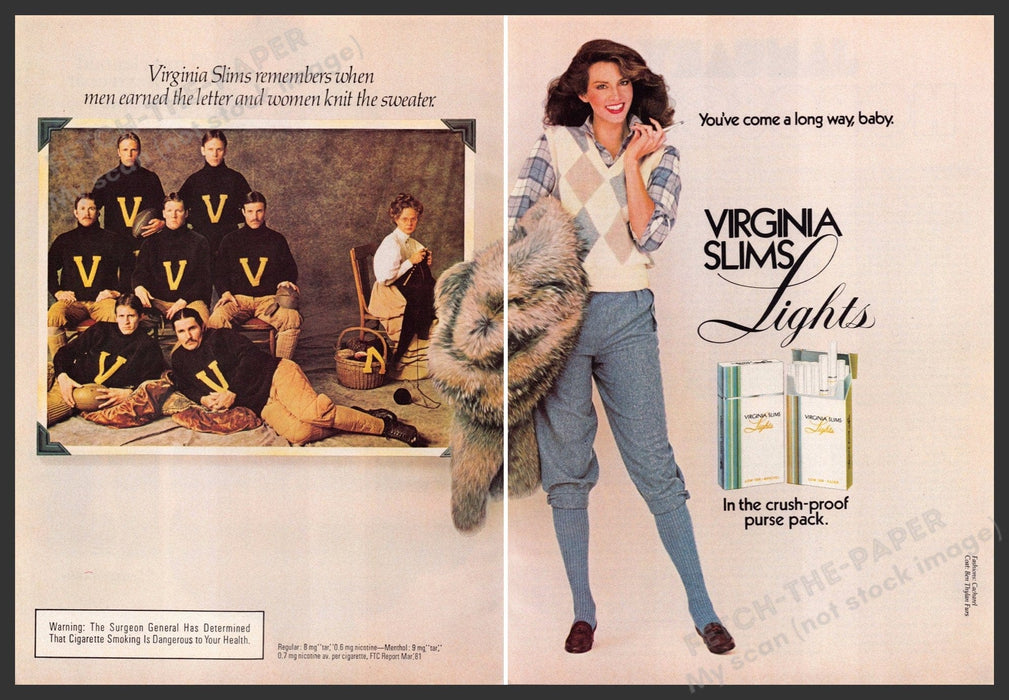 Virginia Slims Lights 1980s Print Advertisement (2 pages) 1982 Football Letter Virginia Slims Lights