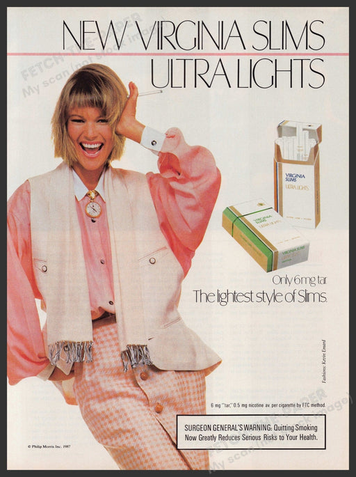 Virginia Slims Ultra Lights Cigarettes 1980s Print Advertisement Ad 1987 Pink Fetch-the-Paper
