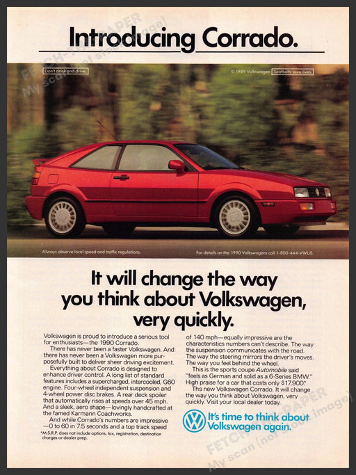 Volkswagen Corrado 1980s Magazine Print Advertisement 1989 Fast Red Car Volkswagen Corrado