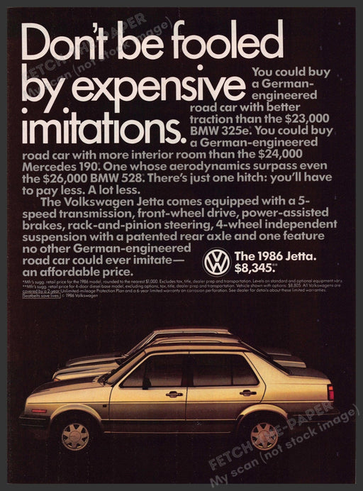 Volkswagen Jetta 1980s Print Advertisement 1986 "Don't be fooled by imitations" Fetch-the-Paper