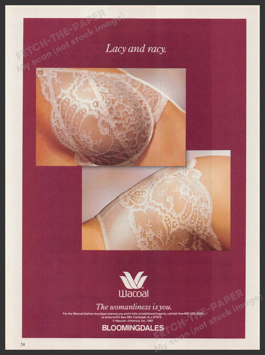 Wacoal Lingerie Bra Panties 1980s Print Advertisement Ad 1987 "Lacy and racy" Fetch-the-Paper
