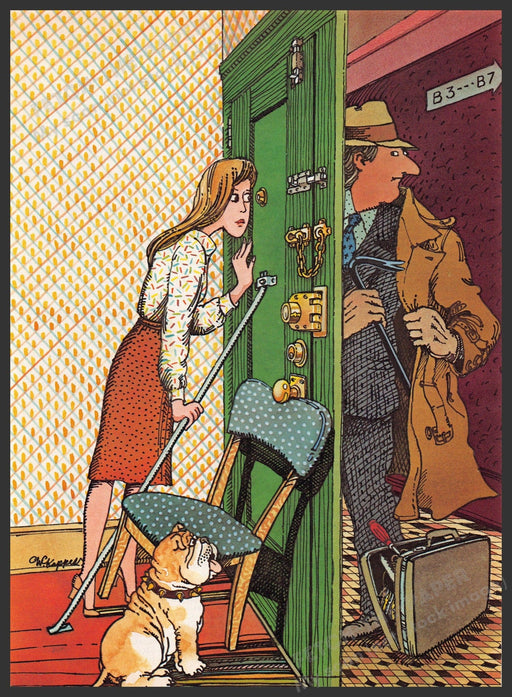 Warner Kappes Artist 1980s Magazine Illustration 1984 Burglar Door Building Fetch-the-Paper