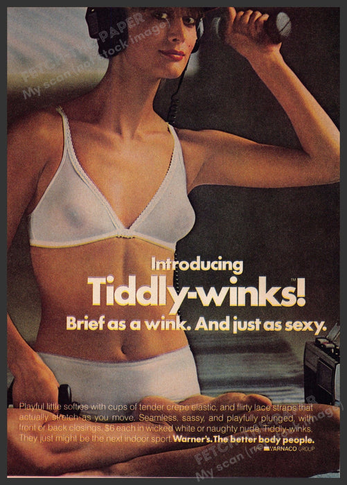 Warner Tiddly-winks 1970s Print Advertisement 1976 Bra Panties Weights Working Fetch-the-Paper