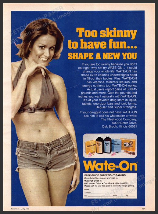 Wate-on 1970s Print Advertisement 1979 Added Calories to Fill-Out Thinner Bodies Wate-on