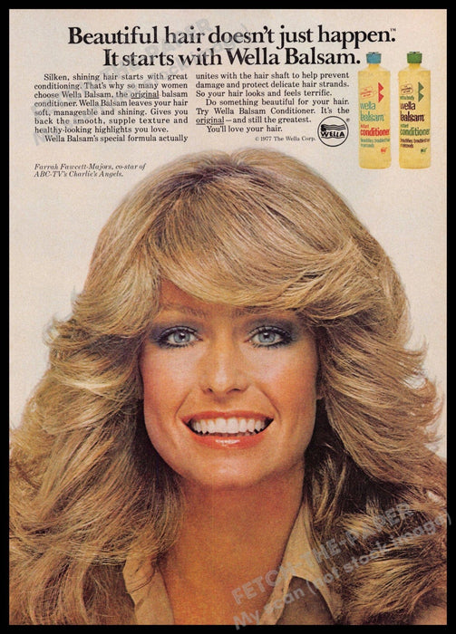 Wella Balsam 1970s Print Advertisement 1977 Farrah Fawcett Feathered Hair Wella Balsam