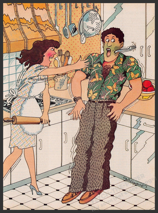 Werner Kappes 1980s Magazine Illustration 1983 Husband Wife Throwing Fight Fetch-the-Paper